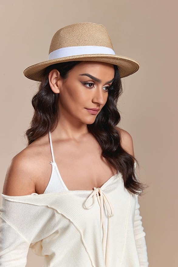 Joywant Womens Straw Fedora Beach Sun Hat, Packable Wide Brim Panama Hat for Women UV UPF50+ Summer Hat