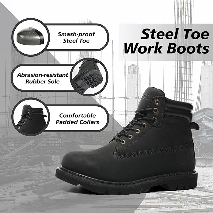 Steel Toe Work Boots for Men, 6-Inch Non Slip Comfortable Leather Waterproof Industrial Construction Safety Workboots