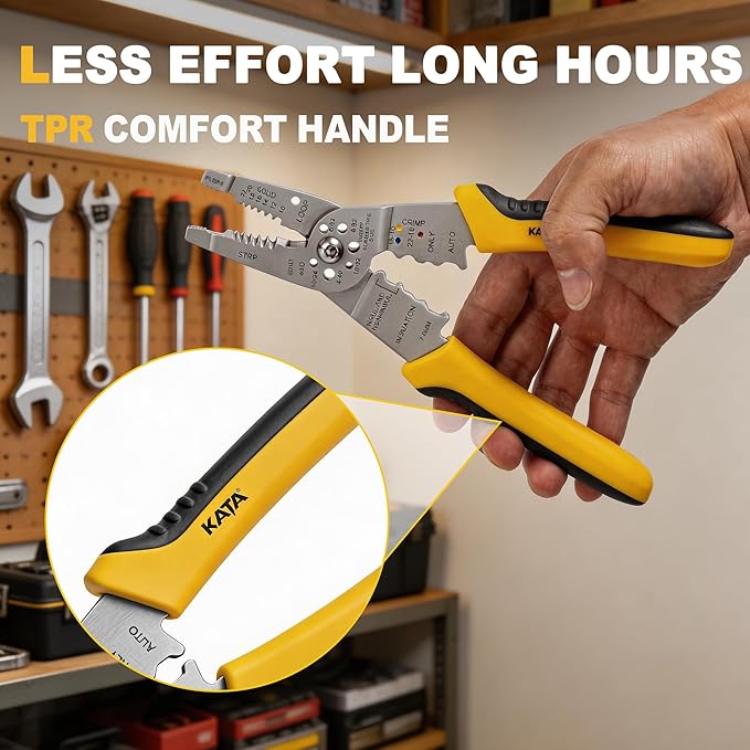 KATA 8-Inch Wire Stripper Tool - Professional Wire Stripping, Cutting & Crimping Pliers for 10-22 AWG Solid & Stranded Wire - Heavy Duty Electrician Hand Tool with Non-Slip Grip