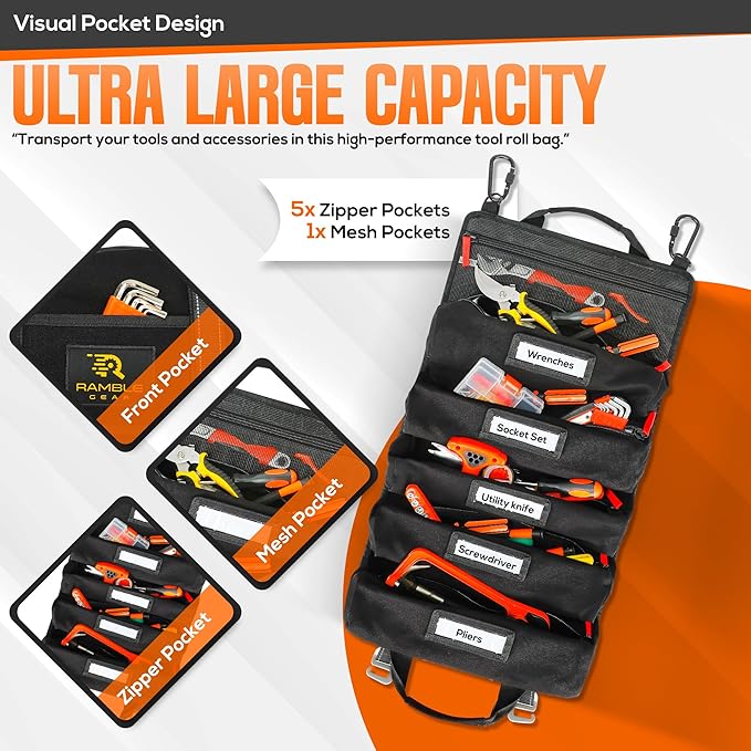 Roll up tool bag with Carabiners - 5 Large Oversized Pockets with Labels-Tool roll bag organizer - Canvas foldable tool Bag organizer | Tool organizer bag for Mechanic, Electrician & more