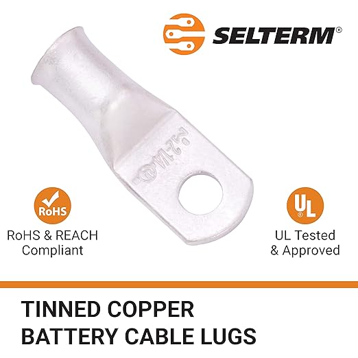 SELTERM 10pcs 2 AWG-1/4" Stud Tinned Copper Wire Lugs, Heavy Duty Battery Cable Ends,2 Gauge Ring Terminals, UL Battery Lugs Marine Grade Copper Eyelets Electrical Battery Terminal Connectors