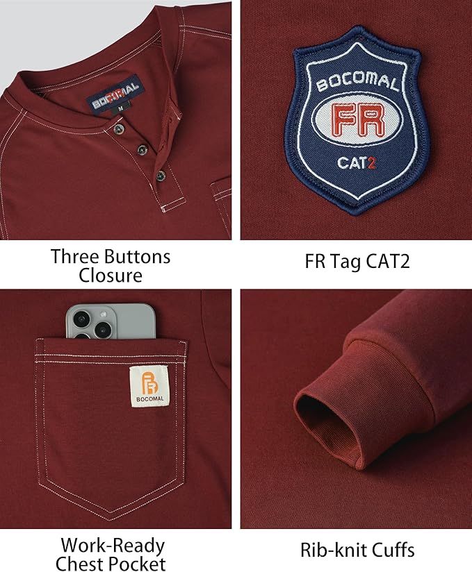 BOCOMAL Men's FR Henley Shirt Flame Resistant 5.5oz Cotton Long Sleeve Workwear UL NFPA2112 CAT2 Welding Tee