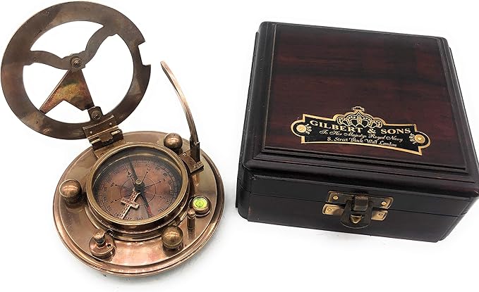 Antique Brass & Copper Sundial Compass – A Unique Gift of Elegance with Sundial Clock, Ship Replica Watch, and Presentation Box