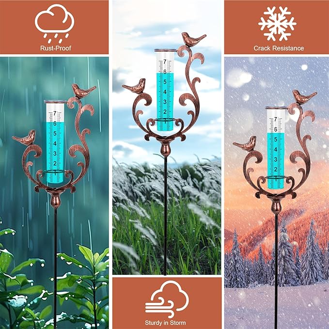 Rain Gauge Outdoor, Cast Iron Bird Rain Gauge - 7" Capacity Plastic Rain Gauge Freeze Proof with Metal Stake Decorative for Garden Yard Patio & Lawn with Large Readable Numbers