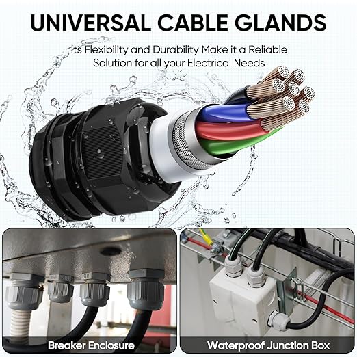 TICONN 20 Pcs IP68 Waterproof Cable Gland Kit Nylon NPT Adjustable Cable Connectors Assortment 1/4” 3/8” 1/2” 3/4” 1“ for Waterproof Junction Box Wire Pannel (Black, 20 Pcs)