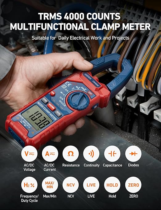 AstroAI Digital Clamp Meter Multimeter 4000 Counts Auto-ranging Amp Tester Measuring AC/DC Voltage & Current, Resistance, Capacitance, Frequency, Continuity, Live Wire Test, NCV Detection, Blue
