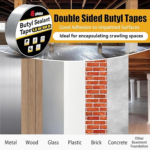 2 Pack Butyl Sealant Tape 1 1/2" X 60' - Double Sided - Black Vapor Barrier Butyl Tape for Wall of Crawl Space, Rv Windows, Deck Boat, Crawlspace (Waterproof, Weatherproof)