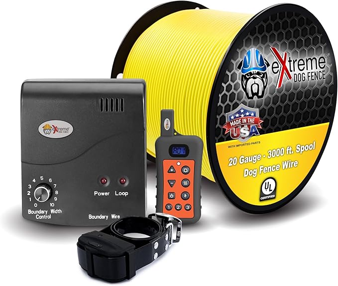 Extreme Dog Fence Electric Dog Fence + Behavior Trainer Contain + Train Dual Feature Solution and Expansion Components - 1 Dog System with 500 Feet of 20 Yellow Gauge