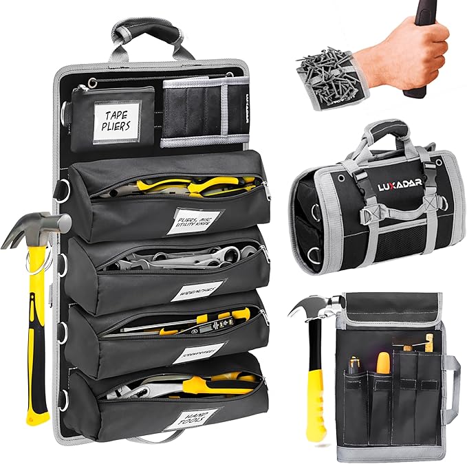 Updated Tool Roll Up Tool Bag Organizer, Name Tags, Advansed Features, Heavy Duty Tool Roll Bag Organizer, Mens Gifts For Him Motorcycle Mechanic & Electrician LUXADAR (5 Detachable/Wristband)