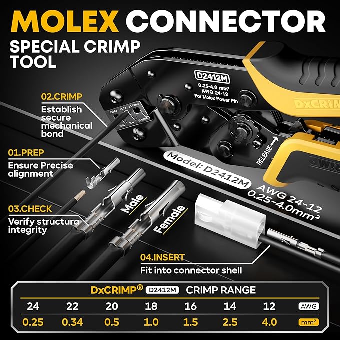 Standard .093" (5.03mm) Connector Crimping Tool Kit with Pin Extractor, 2/3/4/6/9/12 Pin Connectors, 14-22 AWG (2.36mm) Terminals, Compatible with Molex Standard .093", Crimper for Molex & TE