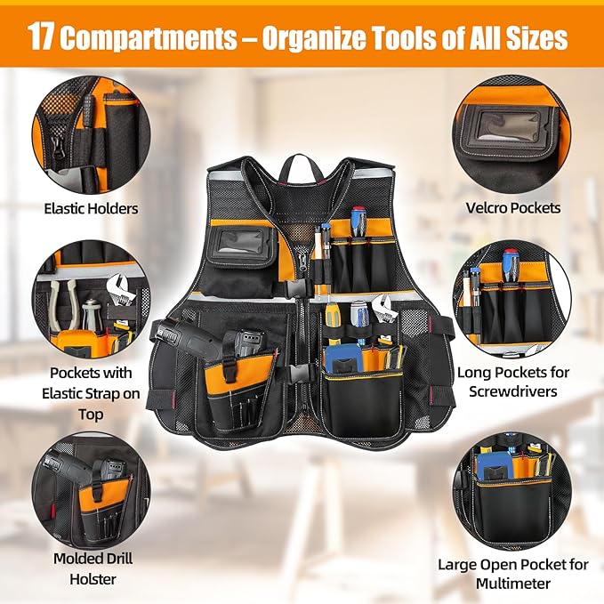 Electrician Tool Vest for Men, Tool Vest Electrician with Molded Drill Holster, 1680D Heavy Duty Adjustable Work Vest, Reflective Workwear with 16 Storage Spaces (Orange)