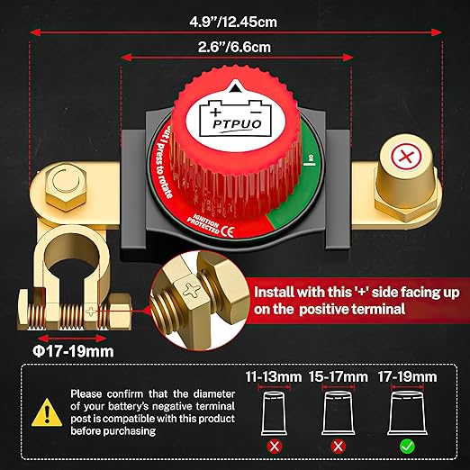 Top Post Battery Disconnect Switch, Car Battery Disconnect Switch, 12V-48V Battery Cut/Shut Off kit for Car RV Boat Truck ATV, Suitable for Positive Terminal, Flexible Installation Options