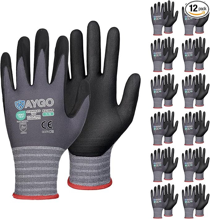 KAYGO Safety Work Gloves MicroFoam Nitrile Coated, 12 Pairs KG18NB,Seamless Knit Nylon Glove for Men and Women, Ideal for Automotive,Warehouse,Construction (Small,Gray)
