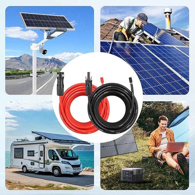 50 FEET 8AWG Solar Panel Extension Cable,8 Gauge Extension Cord, Solar Panel Wire with Extra Fair of Female and Male Quick Connectors Solar Adapter for RV, Off-Grid Systems (50FT Red + 50FT Black)