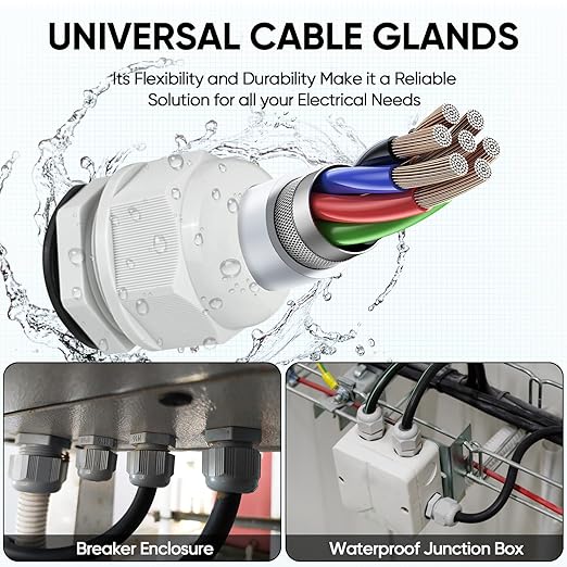 TICONN 52 Pcs IP68 Waterproof Cable Gland Kit Nylon NPT Adjustable Cable Connectors Assortment 1/4” 3/8” 1/2” 3/4” 1“ for Waterproof Junction Box Wire Pannel (Grey, 52 Pcs)