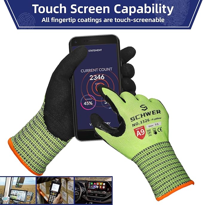 Schwer ProGuard Highest Level Cut Resistant Work Gloves PR3326 for Extreme Protection，ANSI A9 Cut Gloves with Reinforced Thumb, Non Slip, Breathable, Cooling, Durable, Touch-screen, Yellow 1 Pair XXL
