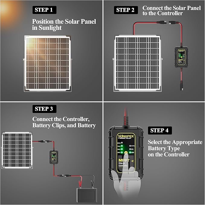 SUNAPEX 12V MPPT Solar Charge Controller, Solar Panel Regulator with SAE Connectors, Compatible with SUNAPEX 15W, 25W, 50W Solar Panels, or Other Solar Panels Within 50W, for Gel, AGM,LiFePO₄Battery