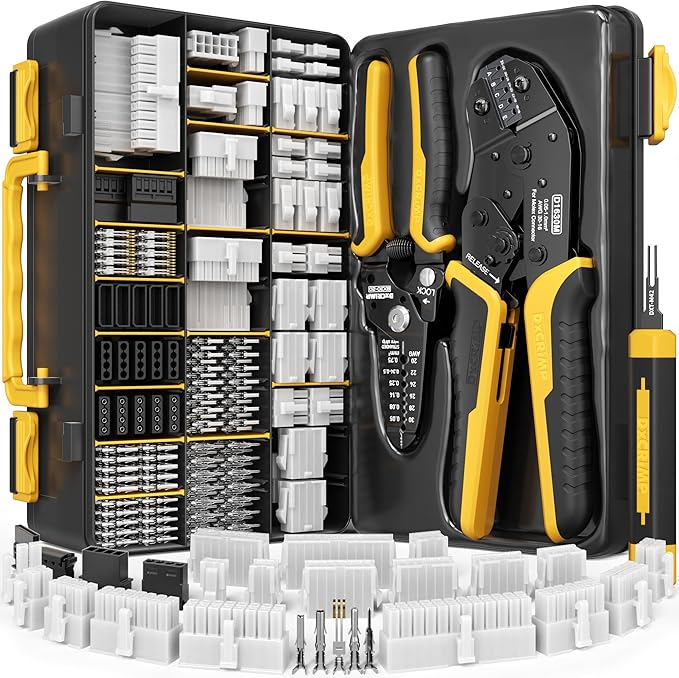 Mini-Fit Jr 4.2mm Crimping Tool Kit (2-24 Pin) with SATA & LP4 Connectors, 16-26 AWG Terminals. Ratcheting Crimper, Stripper & Extractor. Fits Molex Mini-Fit Jr for PC Modding, ATX/GPU/PSU