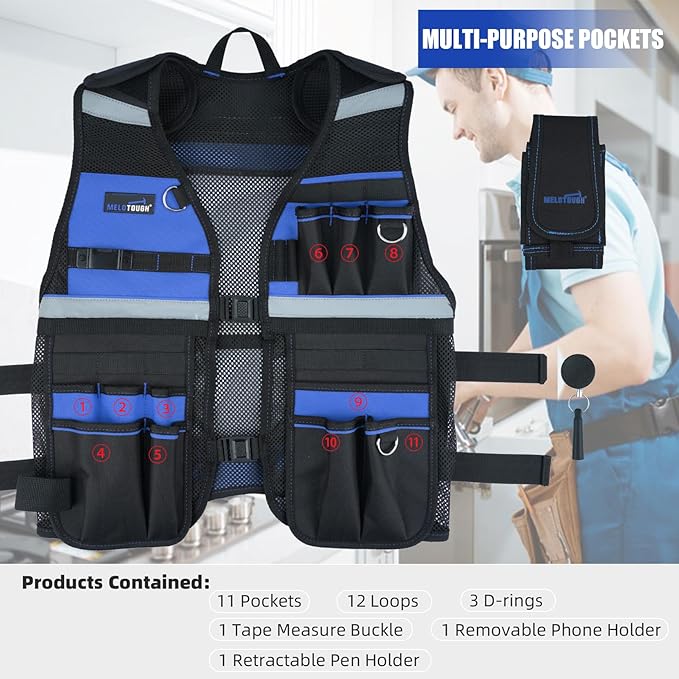 MELOTOUGH Tool Vest for Men Reflective Safety Tool Vest with Adjustable Straps, Removable Phone Holder for Electrical, Carpenters, Construction, Handyman (Blue)