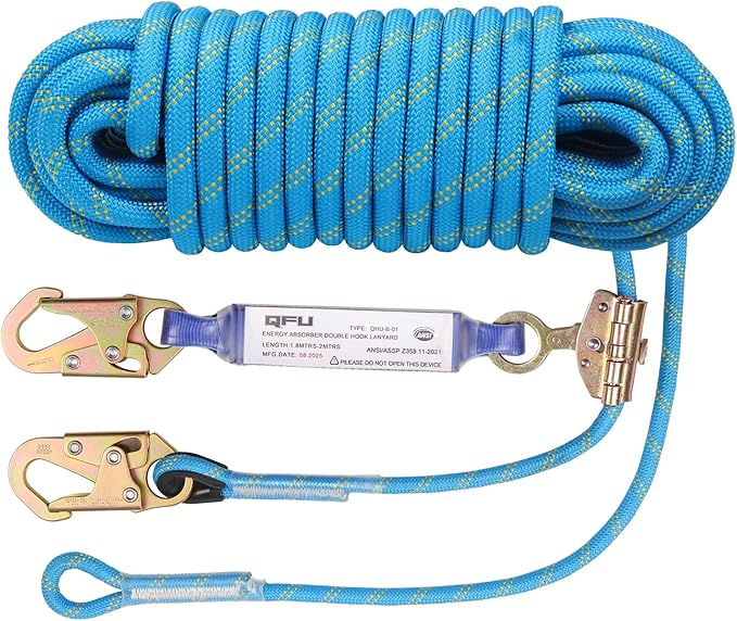 Heavy Duty Fall Protection Rope for roof & tree climbing. Includes safety harness, alloy steel clips, shock-absorbing lanyard