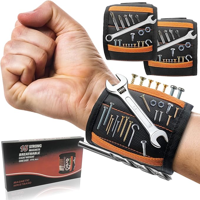 2 Pack Magnetic Wristband for Men, 15 Magnets Powerful for Holding Screws Drilling Bits, Nails, Premium Tools Belt Stocking Stuffers for Birthday Dad Grandpa Husband Handyman Boyfriend Fathers Day