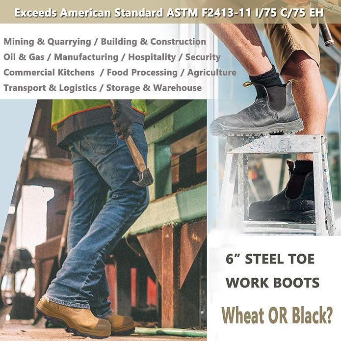 DIIG Work Boots for Men, Steel/Soft Toe Waterproof Working Boots, Slip Resistant Anti-Static Slip-on Safety Working Shoes