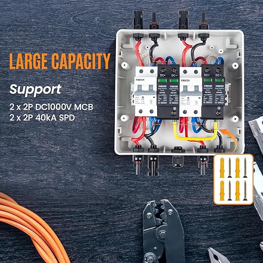 Solar Combiner Box (1 in 1 Out/2 in 2 Out/3 in 3 Out/4 in 4 Out) PV Combiner Box with 1000V DC 40A MCB & 20-40KA SPD Power Distribution Box (2String 2in2out)