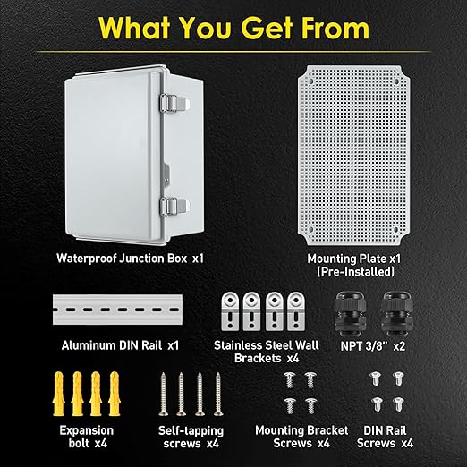 Waterproof Electrical Junction Box, IP67 ABS Plastic Junction Box Enclosure with Aluminum DIN Rail, Mounting Plate, Wall Brackets for WiFi Electronics Project, Grey (16.1''×12.2''×7.1'')