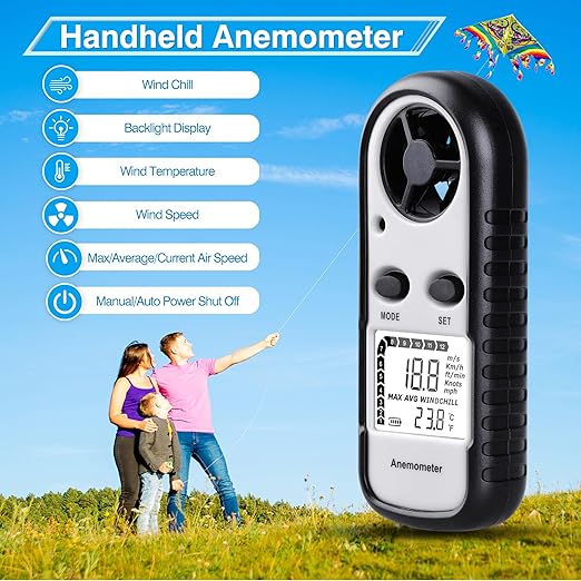 Digital Anemometer Wind Speed Meter, Wind Gauges Air Flow Velocity Meter for Measuring Wind Chill Temperature Speed, Wind Meter Thermometer Gauge for Shooting Windsurfing Fishing Hunting