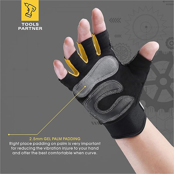 FOUR-AM Work gloves Men Fingerless Mechanic Gloves Shock-Grip, Anti-Collision For Men Women