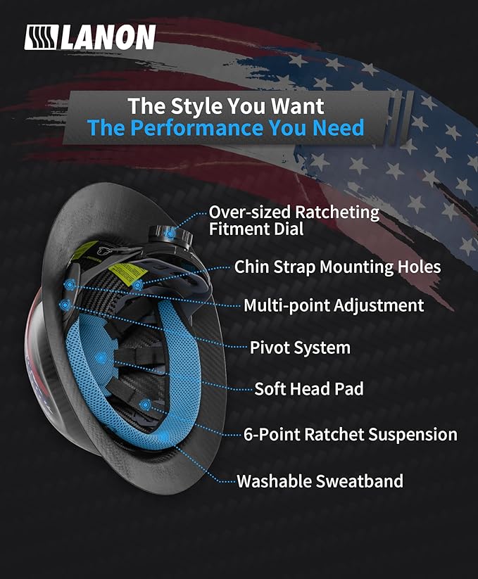 LANON Carbon Fiber Full Brim Hard Hat, OSHA Approved ANSI Z89.1 Hard Hats for Men, Construction Safety Helmet with Chin Strap, 6-Point Suspension, American Flag Design, Class C