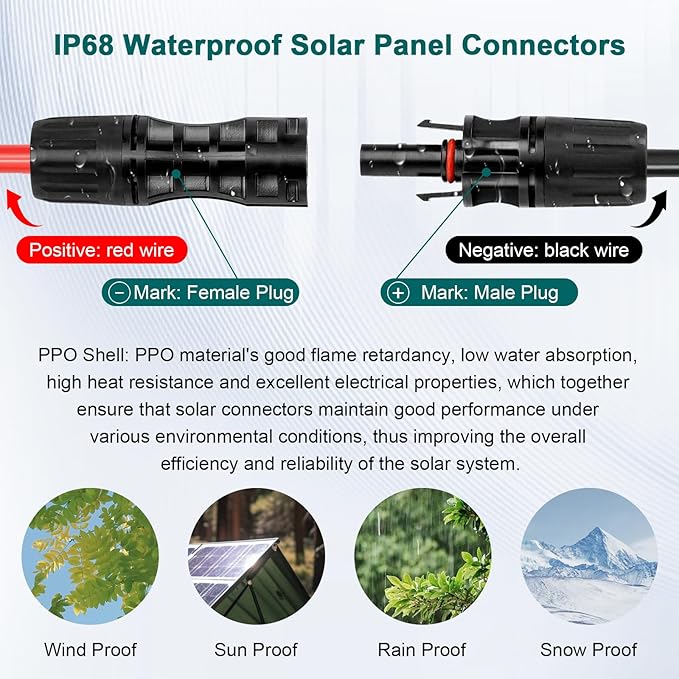 Solar Panel Extension Cable - 8AWG 50FT Solar Wire with Female & Male Waterproof Connector Flame Retardant Protective Sleeving PV Wire for RV, Photovoltaic Systems, Home, Boat, Solar Panels, Car