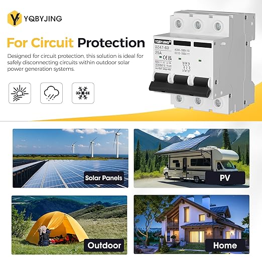 DC Circuit Breaker 25 Amp Solar Panel Disconnect Switch 12V-500V 3 Poles Miniature Solar Circuit Breaker for Outdoor PV Homes Battery, AC 110V DIN Rail MCB
