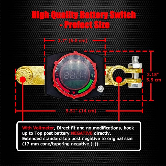 Ampper Battery Disconnect Switch with Voltmeter, 12-48V Battery Cut Off ON/Off Shut Off Switch for Car, RV and More (Top Post Negative)