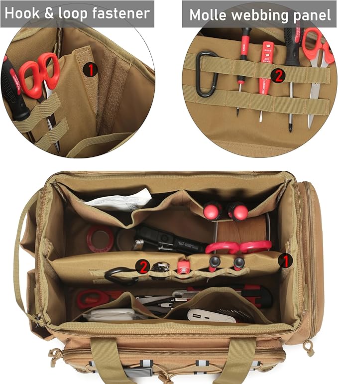 15-Inch Tool Bag Multi-purpose Tool Organizer Bag For Men with Shoulder Strap, Tactical Range Bag Work Tote for Repairman, Carpenters, Handymen (Khaki)