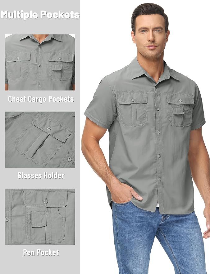 TACVASEN Men's Convertible Long Sleeve Fishing Shirts Lightweight Quick Dry Button Up Tactical Sun Shirts for Safari Hiking