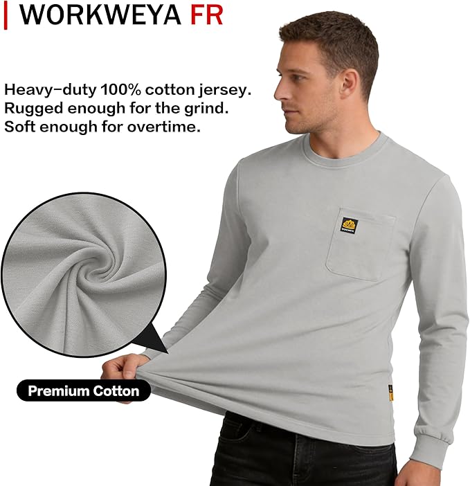 WORKWEYA Men's FR Shirts 6.5oz Lightweight Long Sleeve Flame Resistant T-Shirt NFPA 2112/CAT2