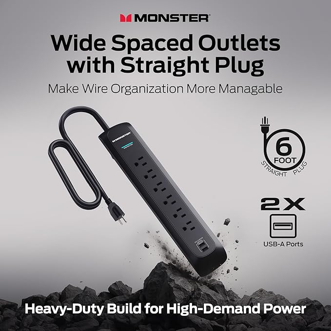 Monster Power Surge Protector w/ 1200 Joule Rating — Heavy Duty 6 FT Surge Protector Power Strip w/ 6 120V Outlets, 2 USB-A Ports — Fireproof MOV, Dual Mode, Clean Tech for Home & Office (Black)