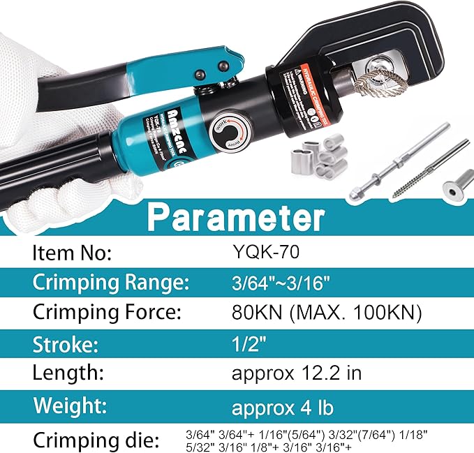 AMZCNC Wire Rope Crimping Tool Kit, Swaging Tool for Aluminum Ferrules and Oval Sleeves, 3/64''–3/16'', Stainless Steel, with Wire Cutter