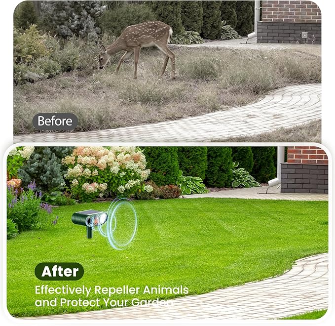 2026 Upgraded Ultrasonic Solar Animal Repellent Outdoor, Deer Repellent Devices Squirrel Cat Raccoon Rabbit Dog Deterrent with Motion Sensor Flash Light for Yard Garden Lawn-4 Pack
