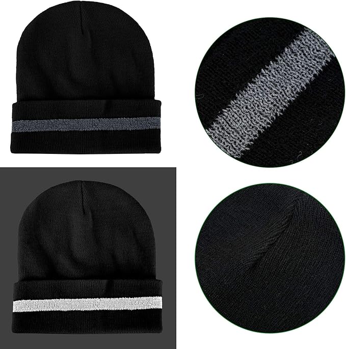 Geyoga 2 Pack Reflective Beanie Hat, High Visibility Knit Beanie with Reflective Strip, Night Running & Outdoor Work Safety