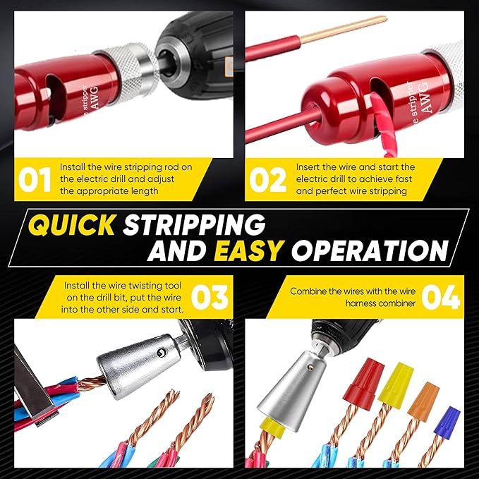 US Regulations Wire Stripping for Drill, Wire Stripping Tool & Wire Twisting Connector Set, Wire Twister Tool for Drill, 8 in 1 Quickly Drill Wire Stripping Professional Electrician Tools Set（8pcs）