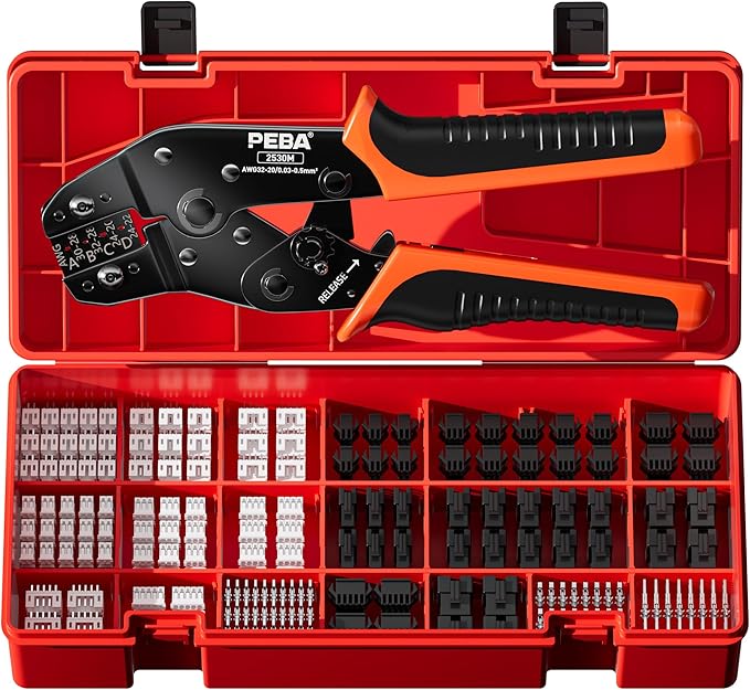 PEBA Crimping Tool and JST Connector Kit - 19 Types of 2.5 mm JST-XH Connectors & Crimp Pins, 2.5 mm JST-SM Housings and Contacts, for DIY Electronics - Suitable for AWG 32-20 Wires