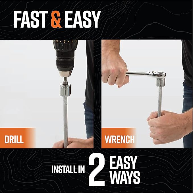 GROUNDGRABBA Screw in Tent Stake for Normal to Hard Ground | Premium Drill Driven Ground Anchor Earth Screws | 2X Pro I Stakes (1.5 Foot), 2X Closed Hooks, 1X 5/8" Hex Socket Driver