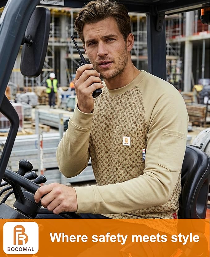 BOCOMAL FR Shirts Crewneck 7oz Midweight Flame Resistant Clothing NFPA2112 CAT2 Men's Fire Retardant Work Shirt