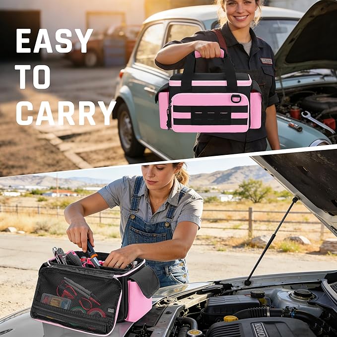 Pink Tool Bag for Women, Tool Storage Organizer with Anti-friction and Thick Padded Bottom, Tactical Range Bag, Multi-functional Work Bag for Repairman, Electrician, Carpenters, Pink