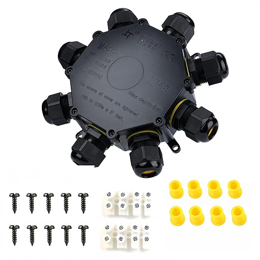 IP68 Waterproof Junction Box Outdoor,8-Way Electrical Cable Box Outdoor with 8Way M25 Gland Wire Connector Extension Electrical Cable Project Protector for Diameter Cable Ø8-12mm Black