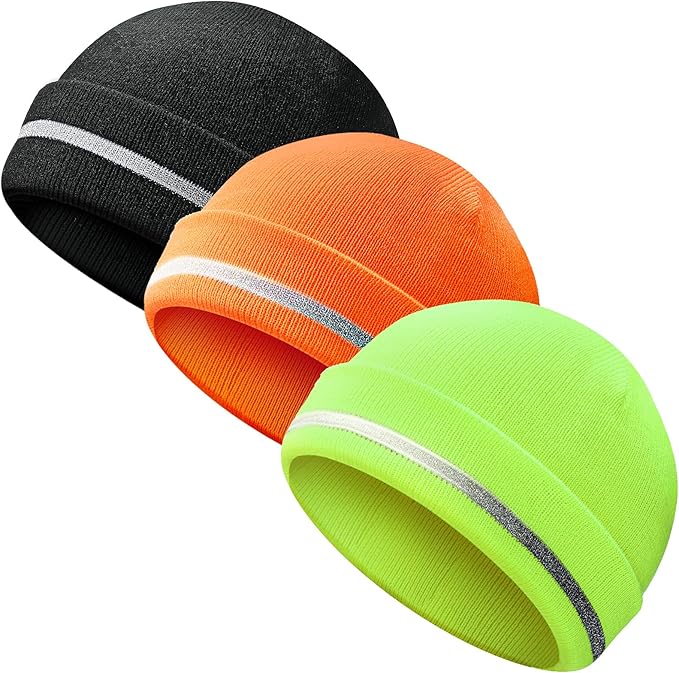 Reflective Knit Hat Safety Beanies Adult High Visibility Beanie Neon Winter Knit Caps with Reflective Stripe