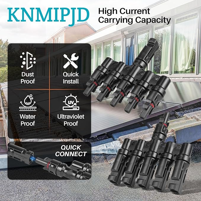 Solar Panel Connector 5 to 1 T Branch Parallel Adapter, 30A 1000V 10AWG Tool-Free IP68 Waterproof Cable for Solar Panels (T Branch, 5to1(1Pairs))