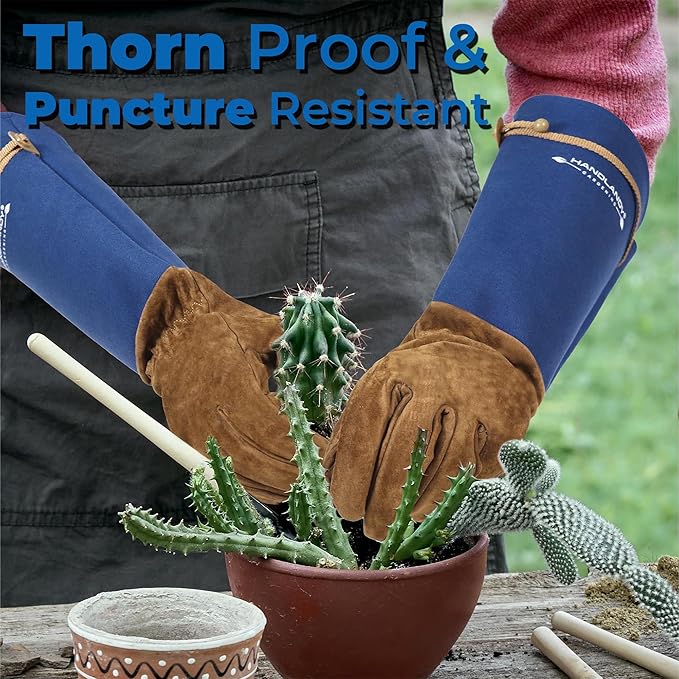 HANDLANDY Long Gardening Gloves for Men & Women, Pigskin Leather Rose Pruning Gloves, Breathable Thorn Proof Gauntlet Glove (Blue, L)